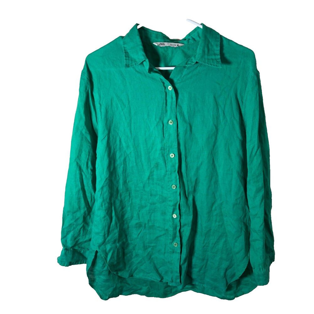 Zara Shirt Women's Medium Green Button Up Collared 3/4 Sleeve Casual Solid